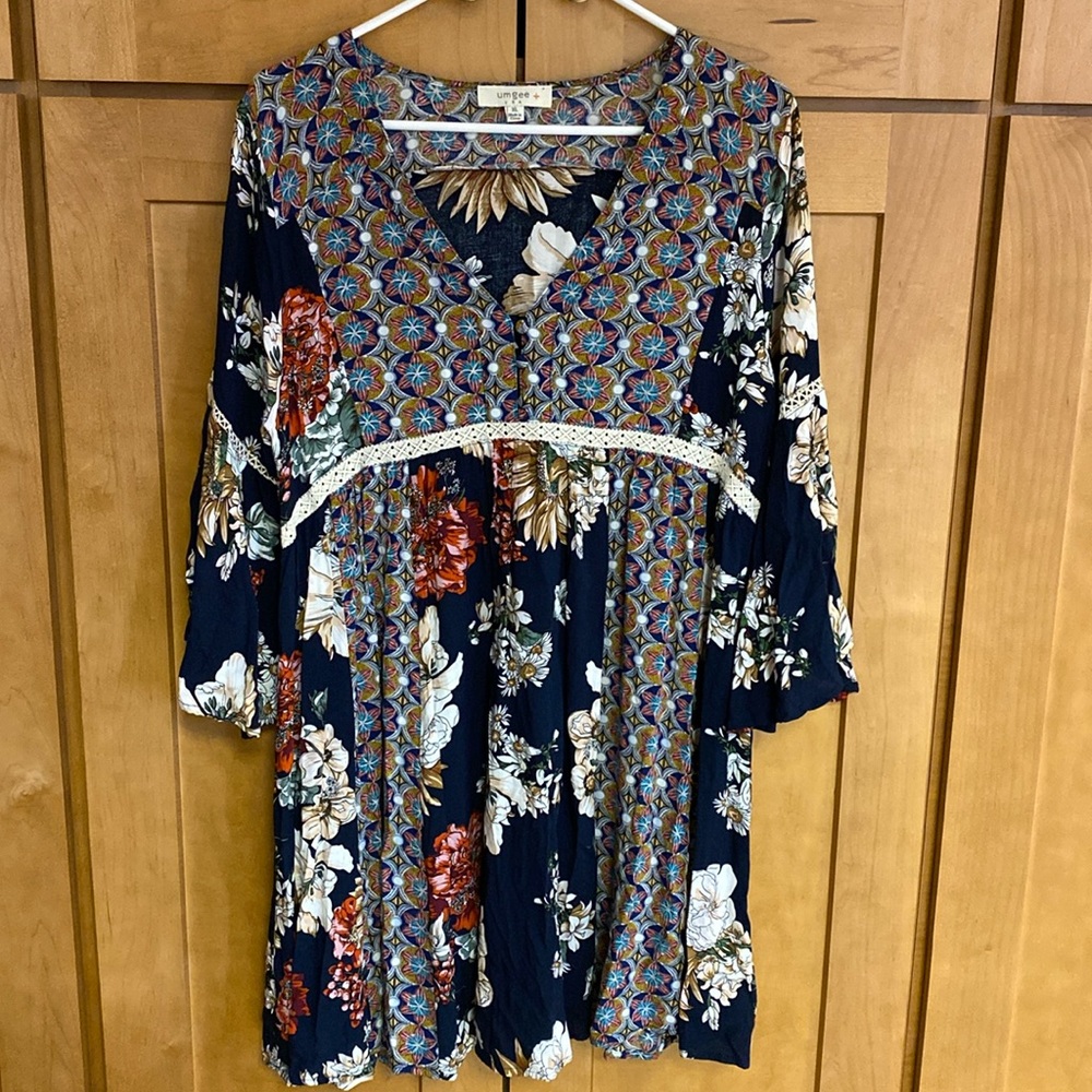 Umgee floral bohemian baby doll dress with bell sleeves and crochet details